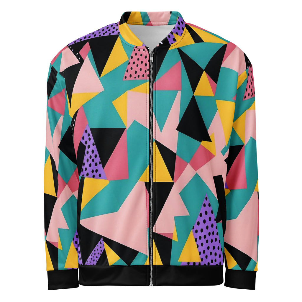 Men’s colorful geometric pattern bomber jacket with abstract shapes and full zip