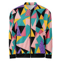Men’s colorful geometric pattern bomber jacket with abstract shapes and full zip