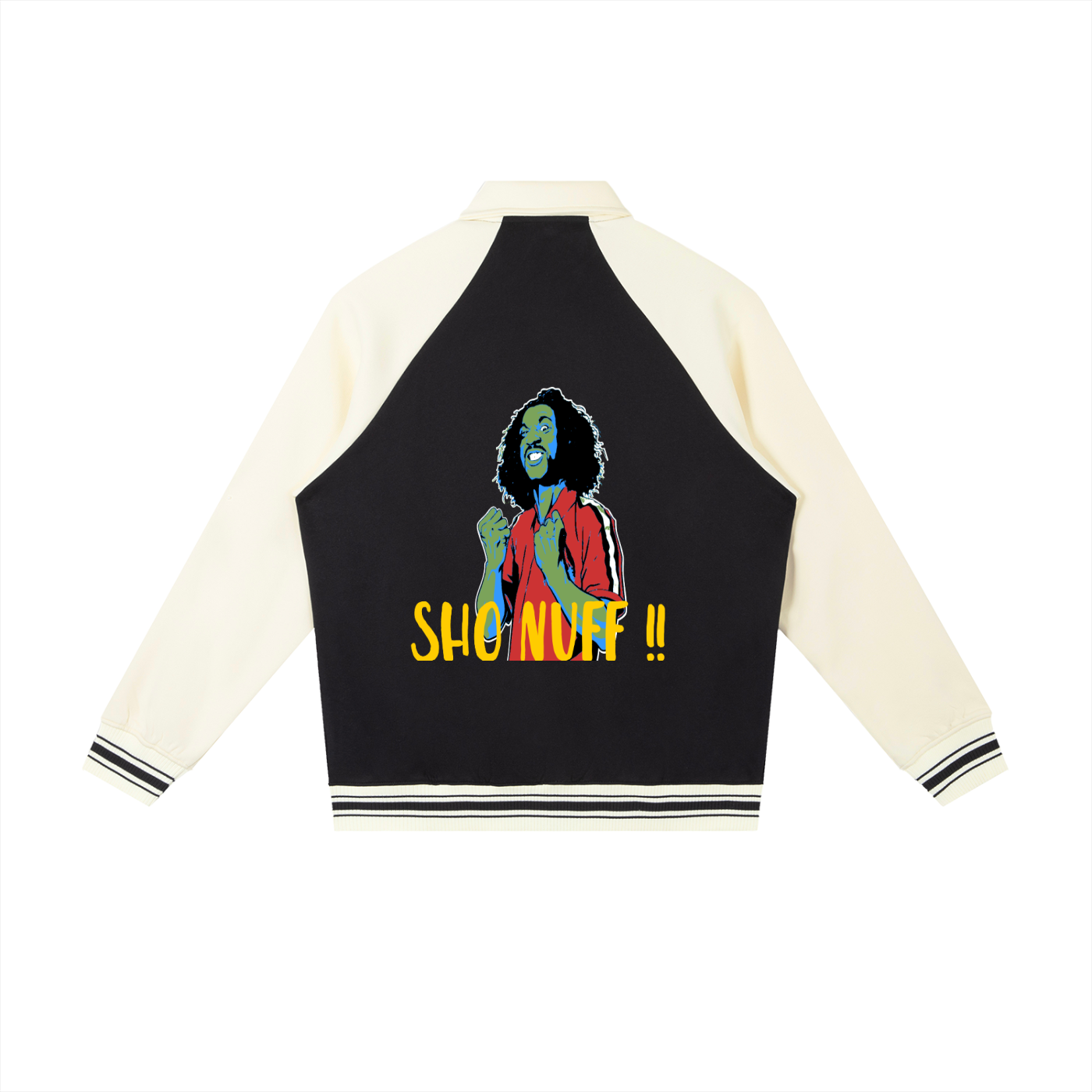 Men’s black and cream contrast raglan sleeve baseball jacket with Sho Nuff graphic on back