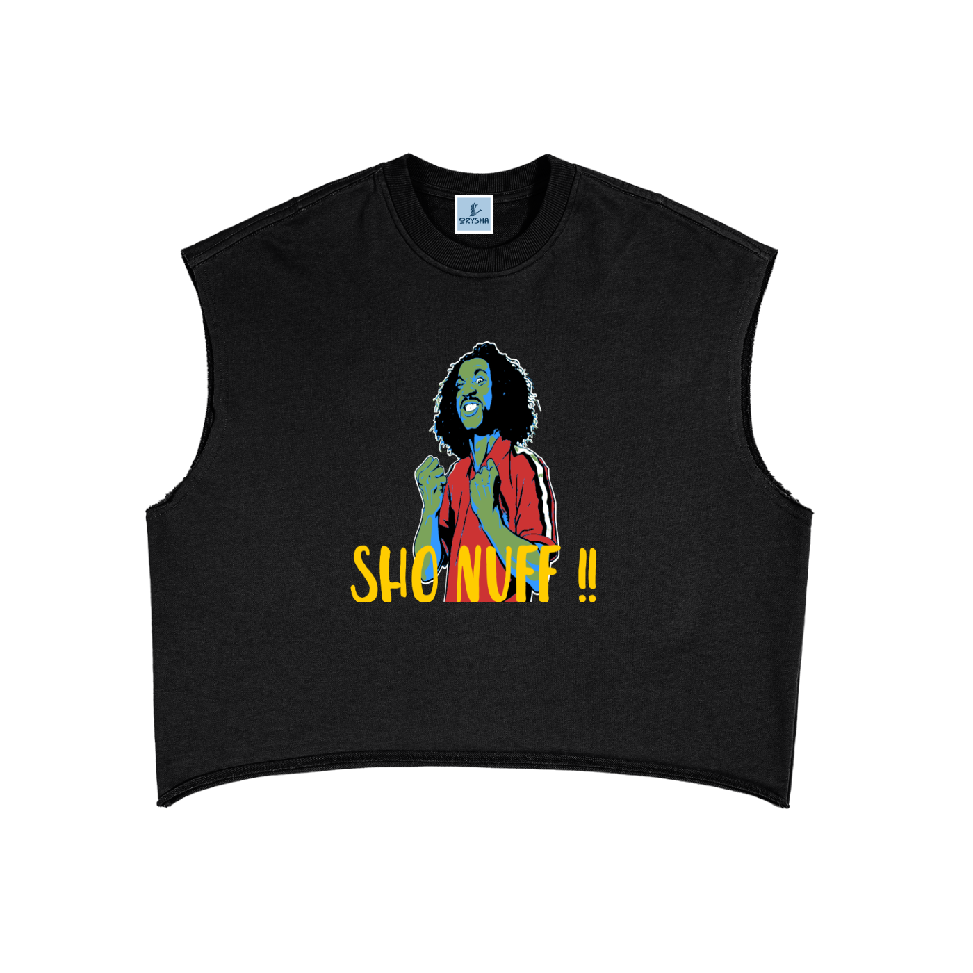 Black sleeveless shirt with a colorful graphic and 'SHO NUFF!!' text on a white background