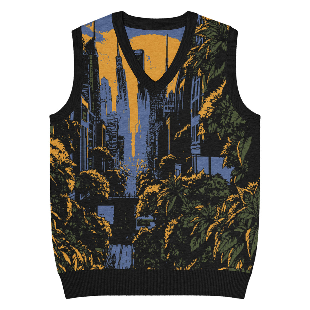 Knit V-neck vest featuring a sunset cityscape with tropical greenery and urban skyline