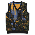 Knit V-neck vest featuring a sunset cityscape with tropical greenery and urban skyline