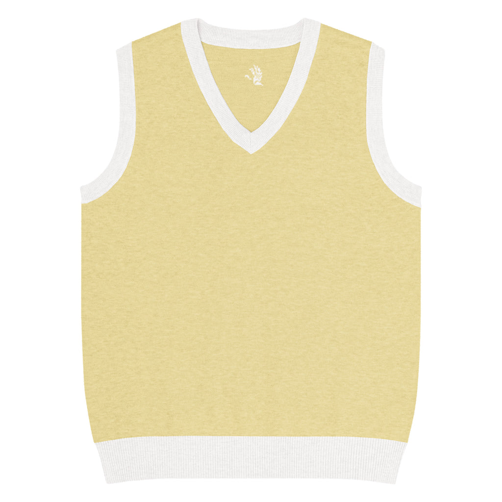 Yellow sweater vest with white trim on a white background