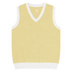 Yellow sweater vest with white trim on a white background
