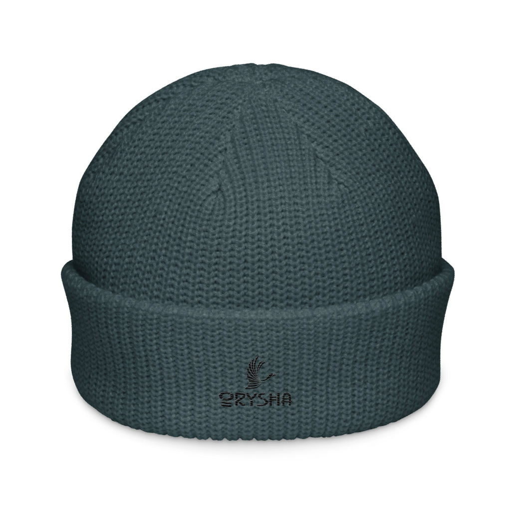 Blue ribbed knit Orysha Fisherman Beanie with embroidered logo on front, folded cuff design.