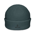 Blue ribbed knit Orysha Fisherman Beanie with embroidered logo on front, folded cuff design.