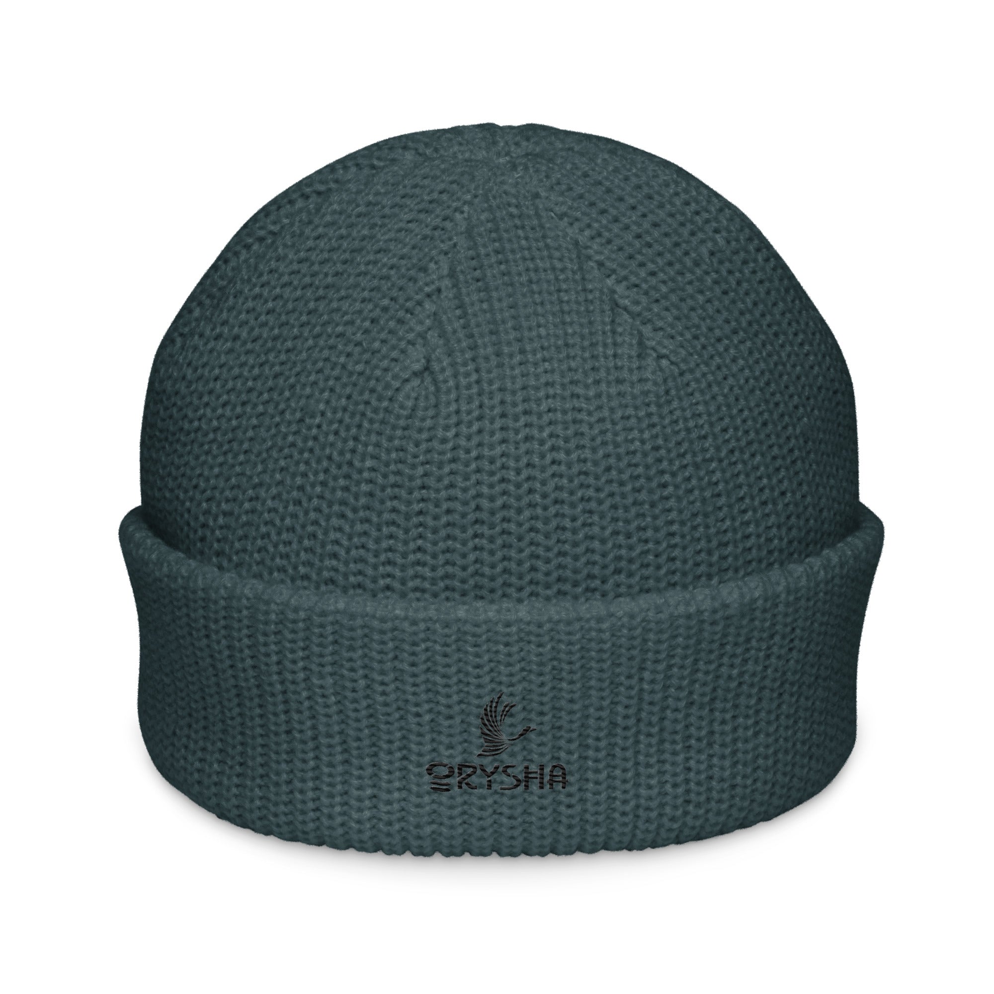 Blue ribbed knit Orysha Fisherman Beanie with embroidered logo on front, folded cuff design.