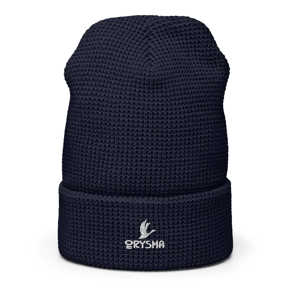 Orysha embroidered waffle beanie with honeycomb knit texture and adjustable cuff/