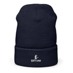 Orysha embroidered waffle beanie with honeycomb knit texture and adjustable cuff/