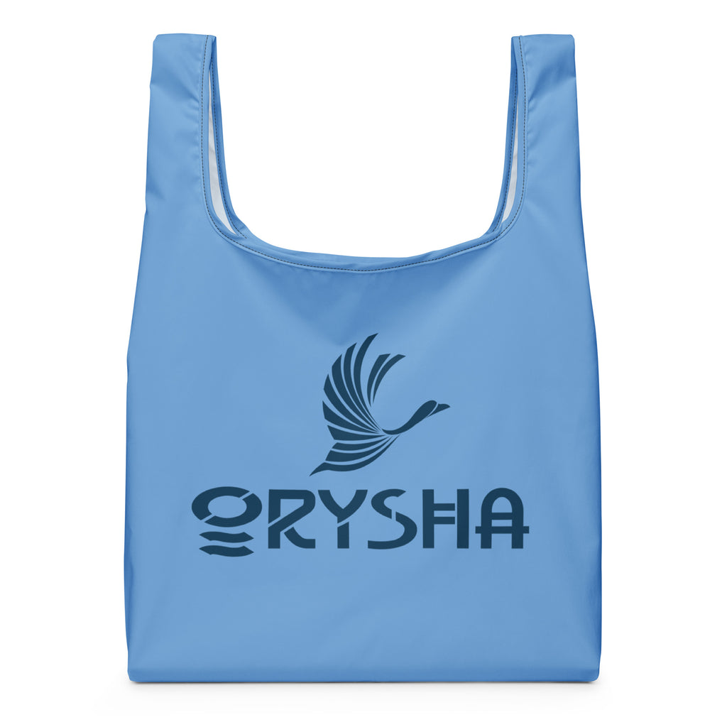 Orysha blue reusable shopping bag with crane logo – lightweight eco-friendly tote