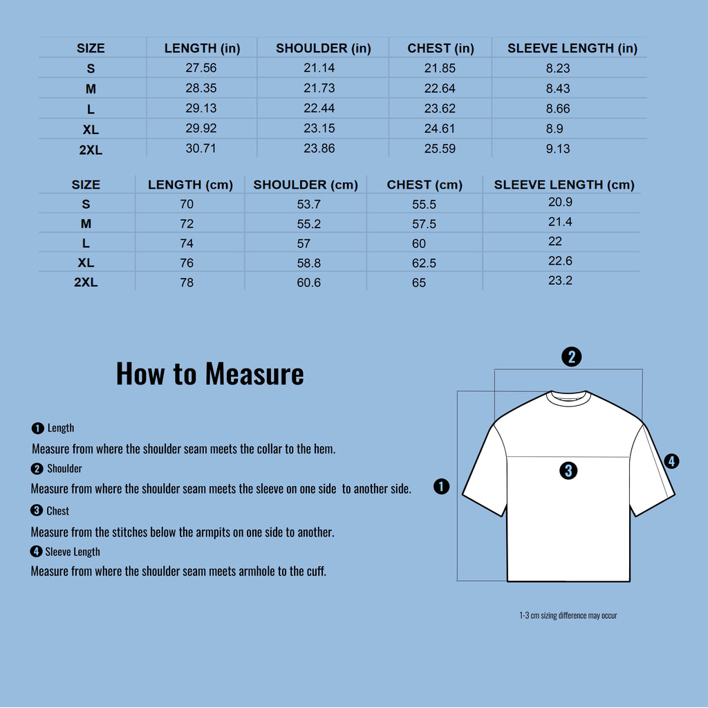 Size chart for shirts with measurements in inches and centimeters on a blue background.