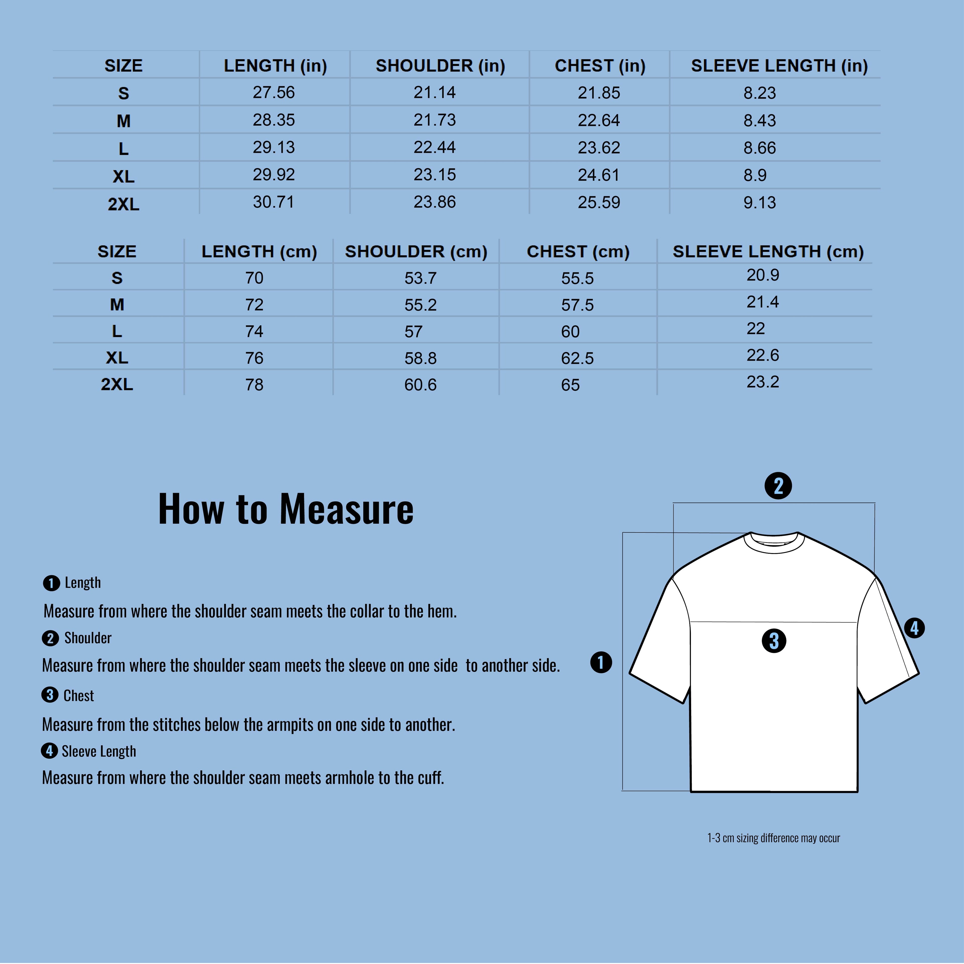 Size chart for shirts with measurements in inches and centimeters on a blue background.