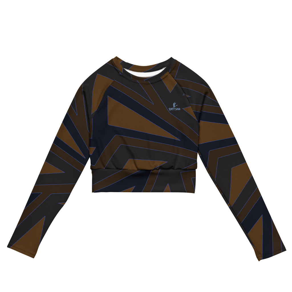 Orysha Shadow Apex women’s long sleeve crop top – black and bronze geometric pattern with modern angular design, recycled eco fabric.