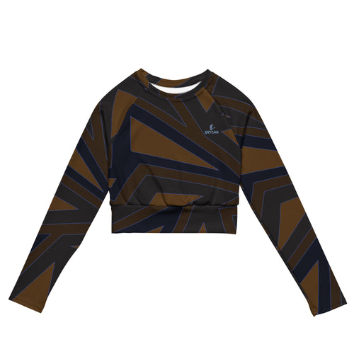 Orysha Shadow Apex women’s long sleeve crop top – black and bronze geometric pattern with modern angular design, recycled eco fabric.