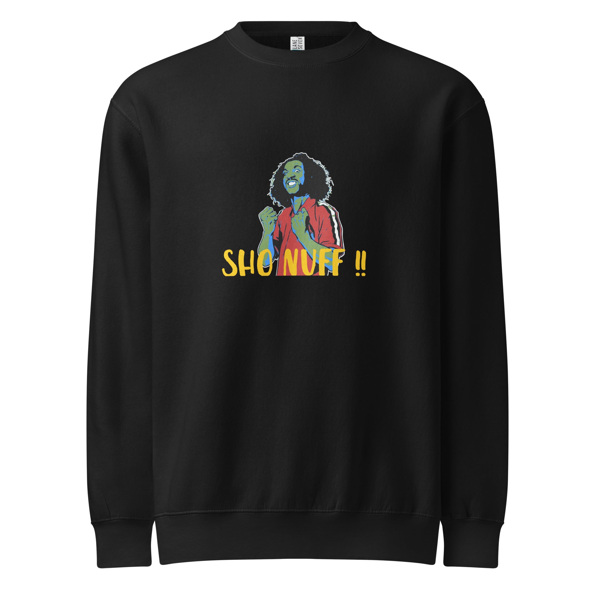 Orysha “Sho’Nuff!!” printed black fleece crewneck featuring illustrated character and bold yellow text.