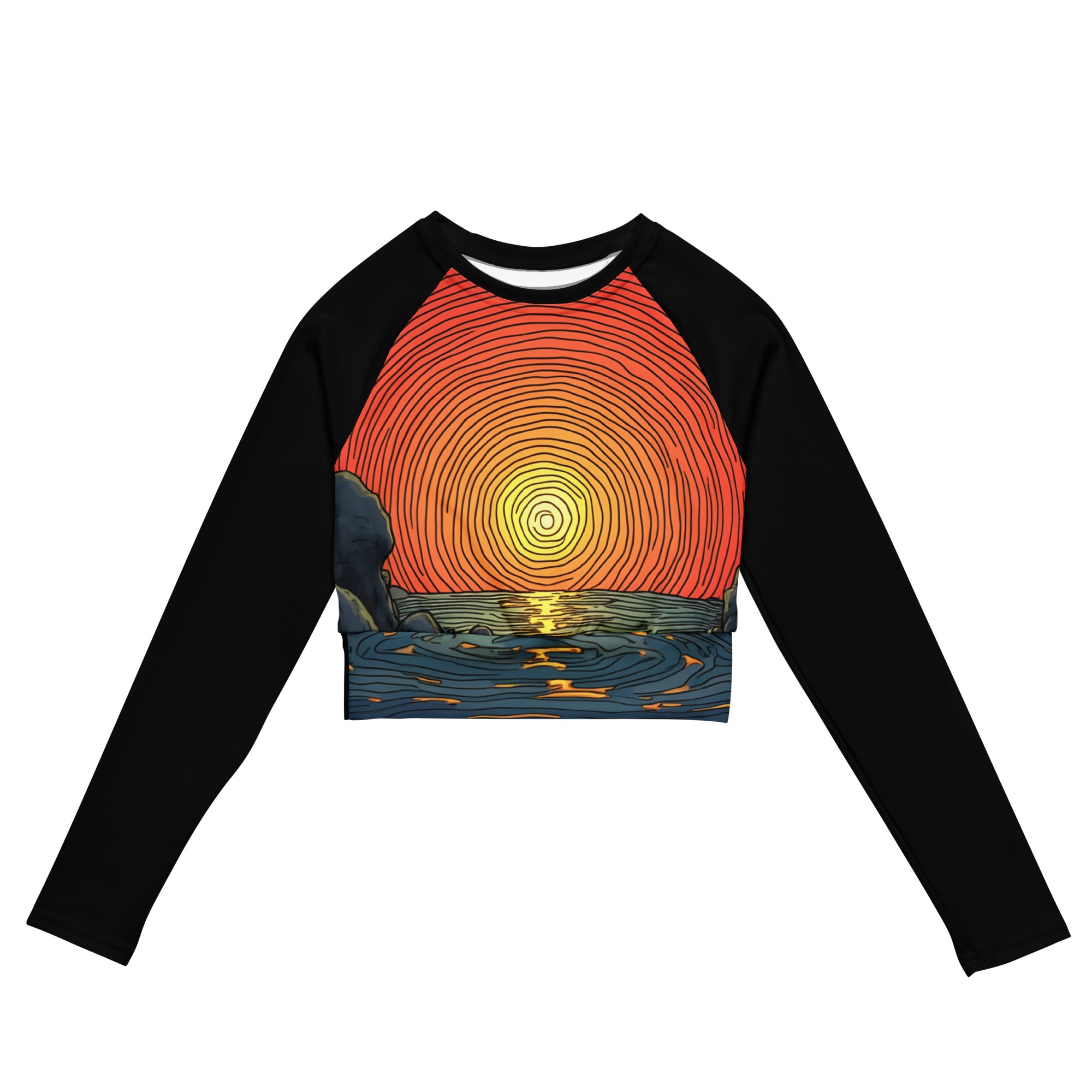Orysha Solar Current women’s long sleeve crop top – black sleeves with vivid orange and yellow sunset design over ocean waves, recycled eco fabric.