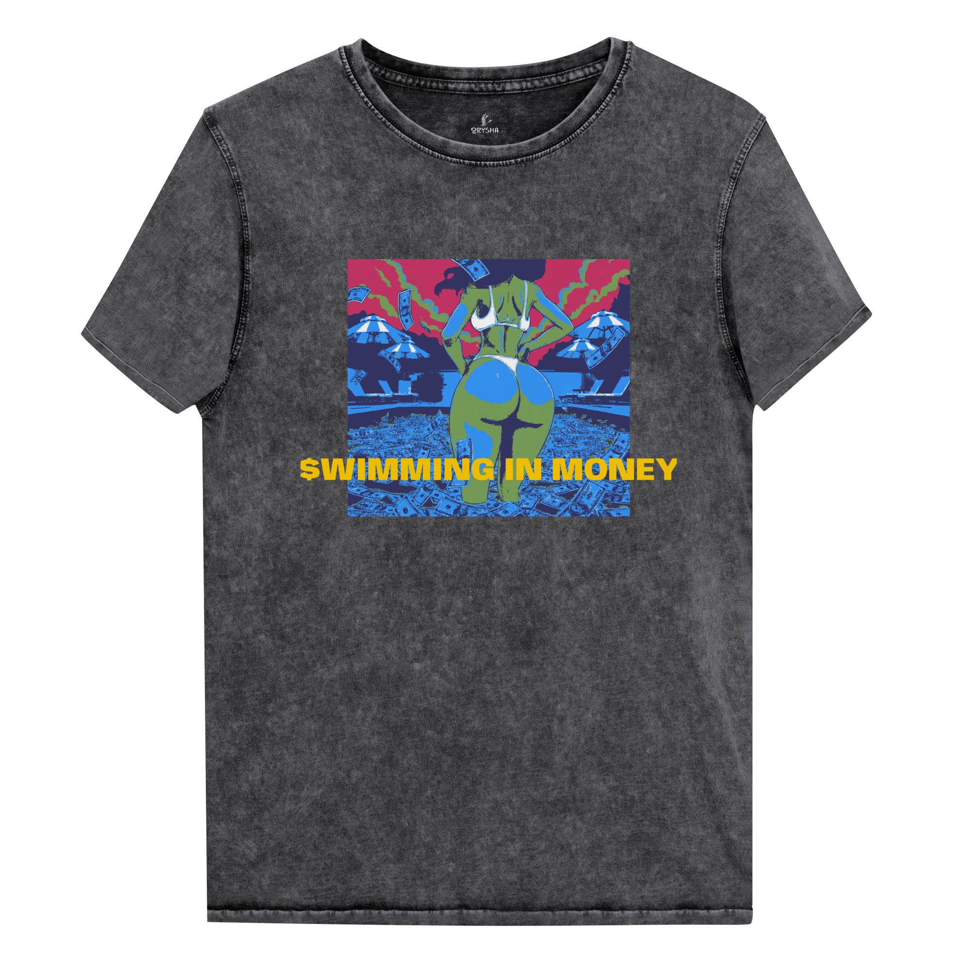 Swimming in Money washed denim-style tee by Orysha — 100% cotton pop-art design featuring neon money imagery and bold typography.