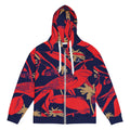 Orysha Tropic Noir zip hoodie featuring red tropical bird and palm design on navy background with brushed fleece interior.