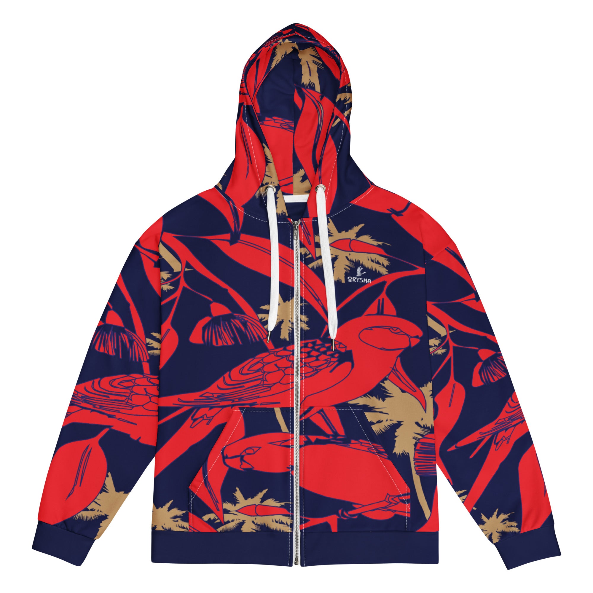 Orysha Tropic Noir zip hoodie featuring red tropical bird and palm design on navy background with brushed fleece interior.