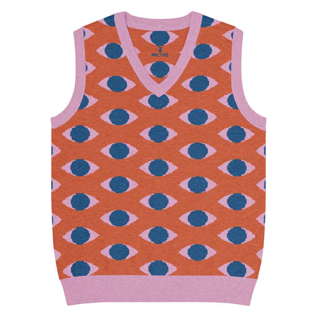 Orange knit V-neck vest with repeating eye pattern and pink trim