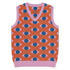 Orange knit V-neck vest with repeating eye pattern and pink trim