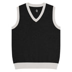 Black sleeveless sweater vest with white trim on a white background
