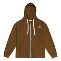 Orysha brown zip hoodie with white drawstrings and printed logo on chest.