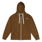 Orysha brown zip hoodie with white drawstrings and printed logo on chest.