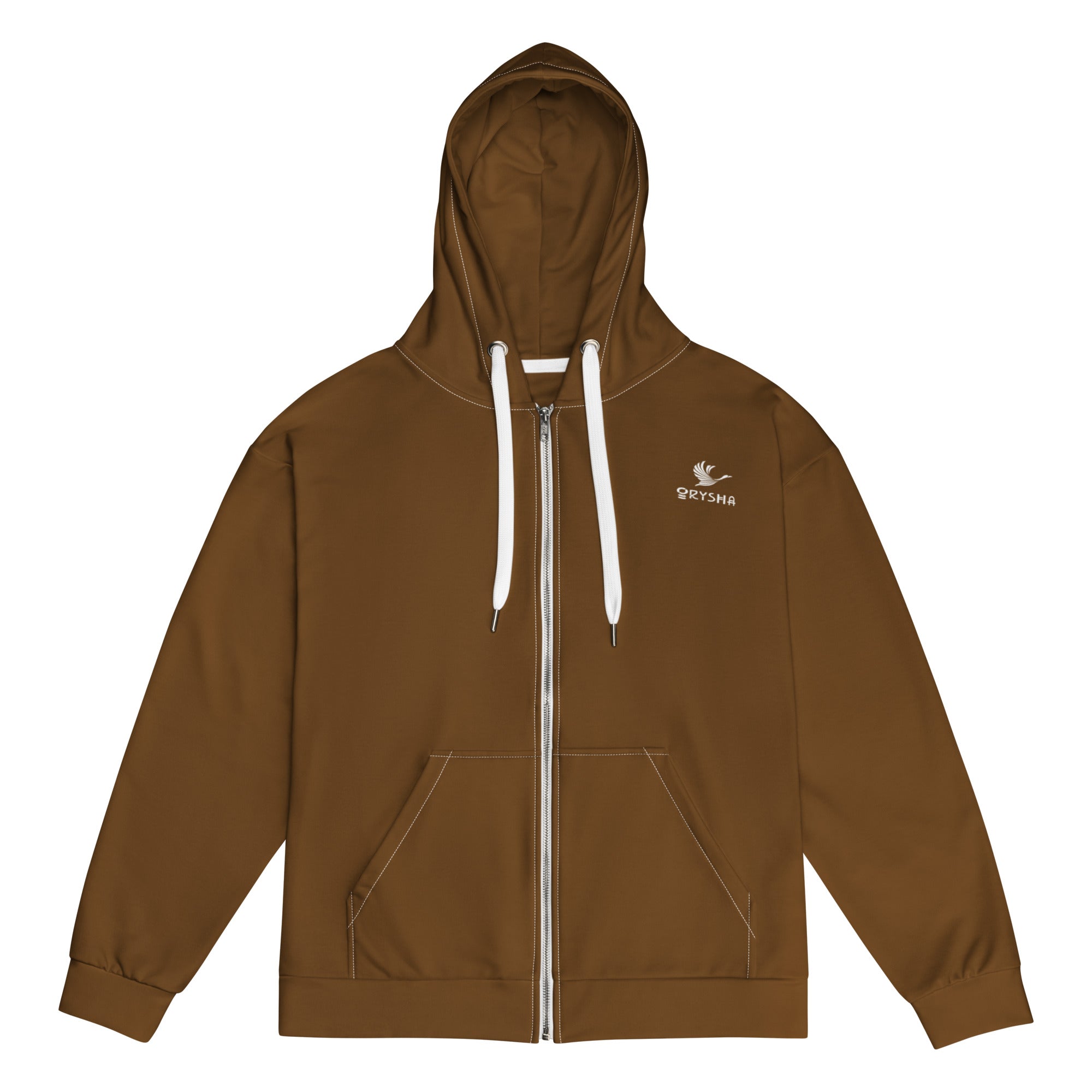 Orysha brown zip hoodie with white drawstrings and printed logo on chest.