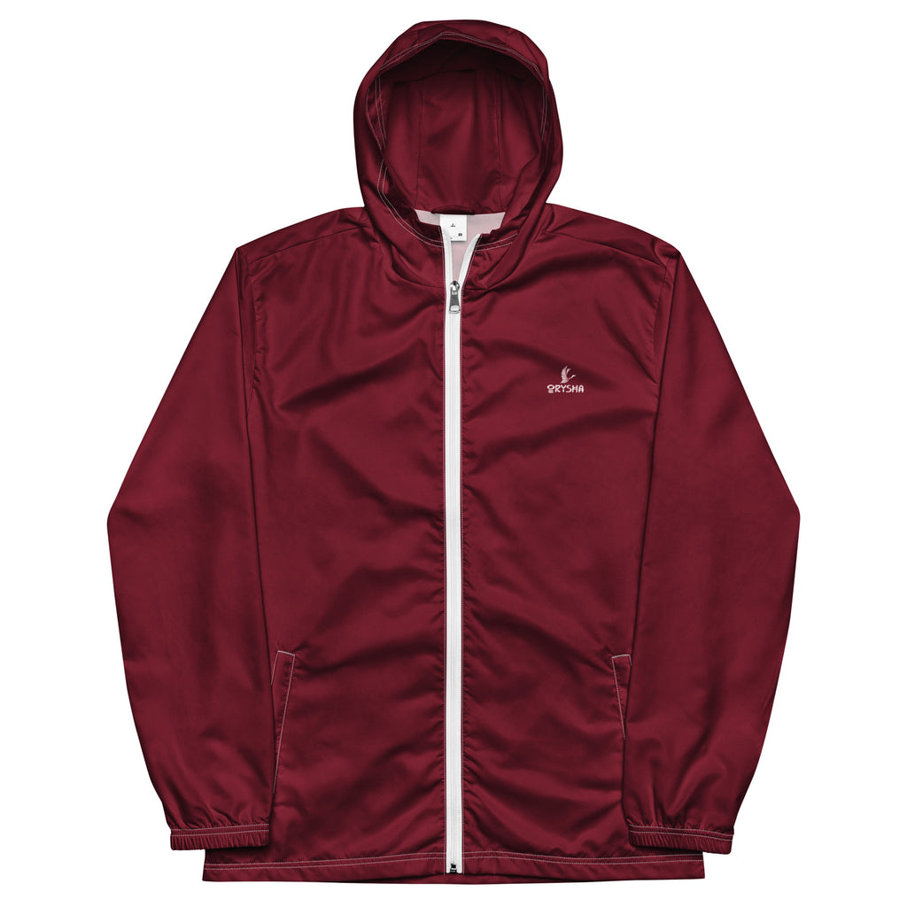 Unisex burgundy lightweight windbreaker with hood and zip front