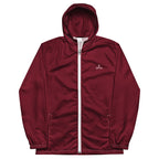 Unisex burgundy lightweight windbreaker with hood and zip front
