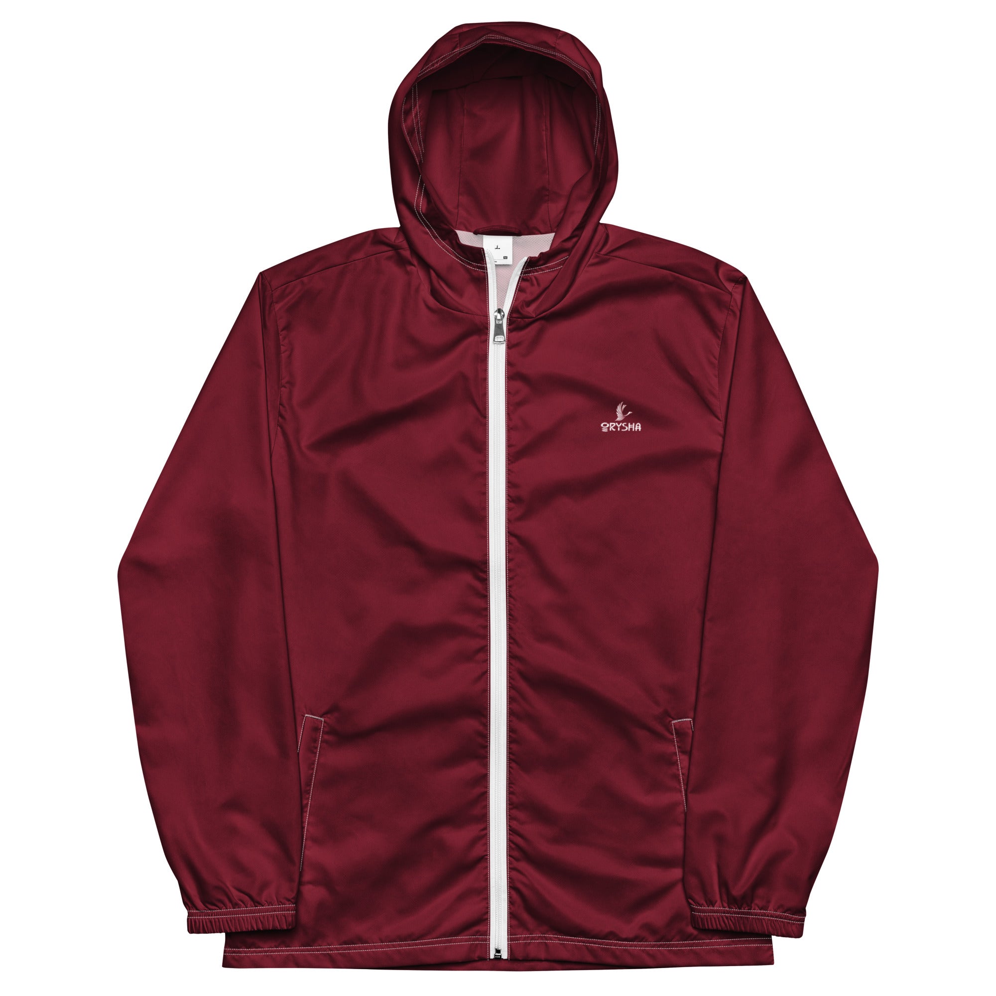 Unisex burgundy lightweight windbreaker with hood and zip front