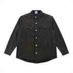 Black denim shirt with white buttons on a white background