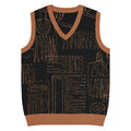 Black knit V-neck vest with tan abstract pattern and contrast trim