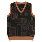 Black knit V-neck vest with tan abstract pattern and contrast trim