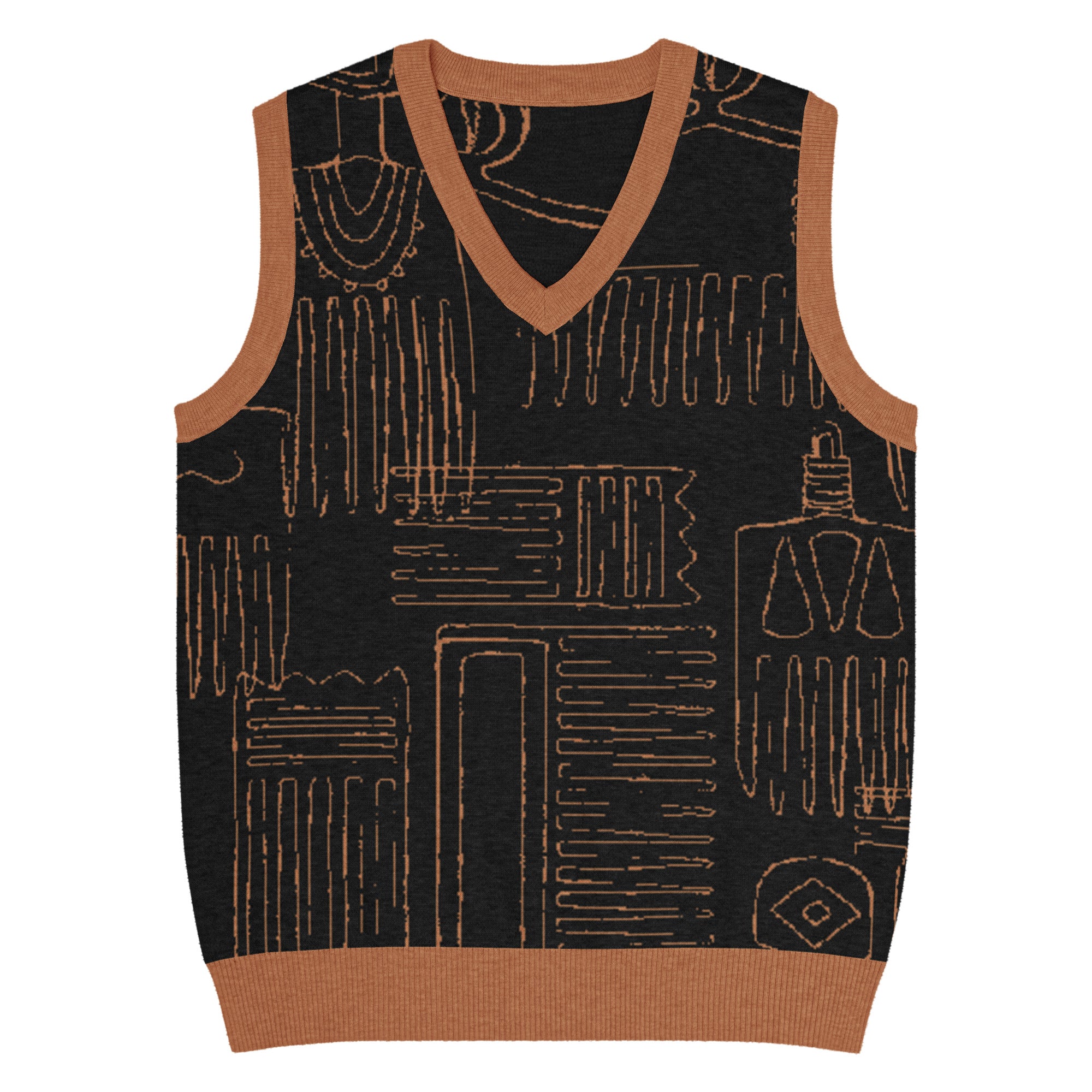 Black knit V-neck vest with tan abstract pattern and contrast trim