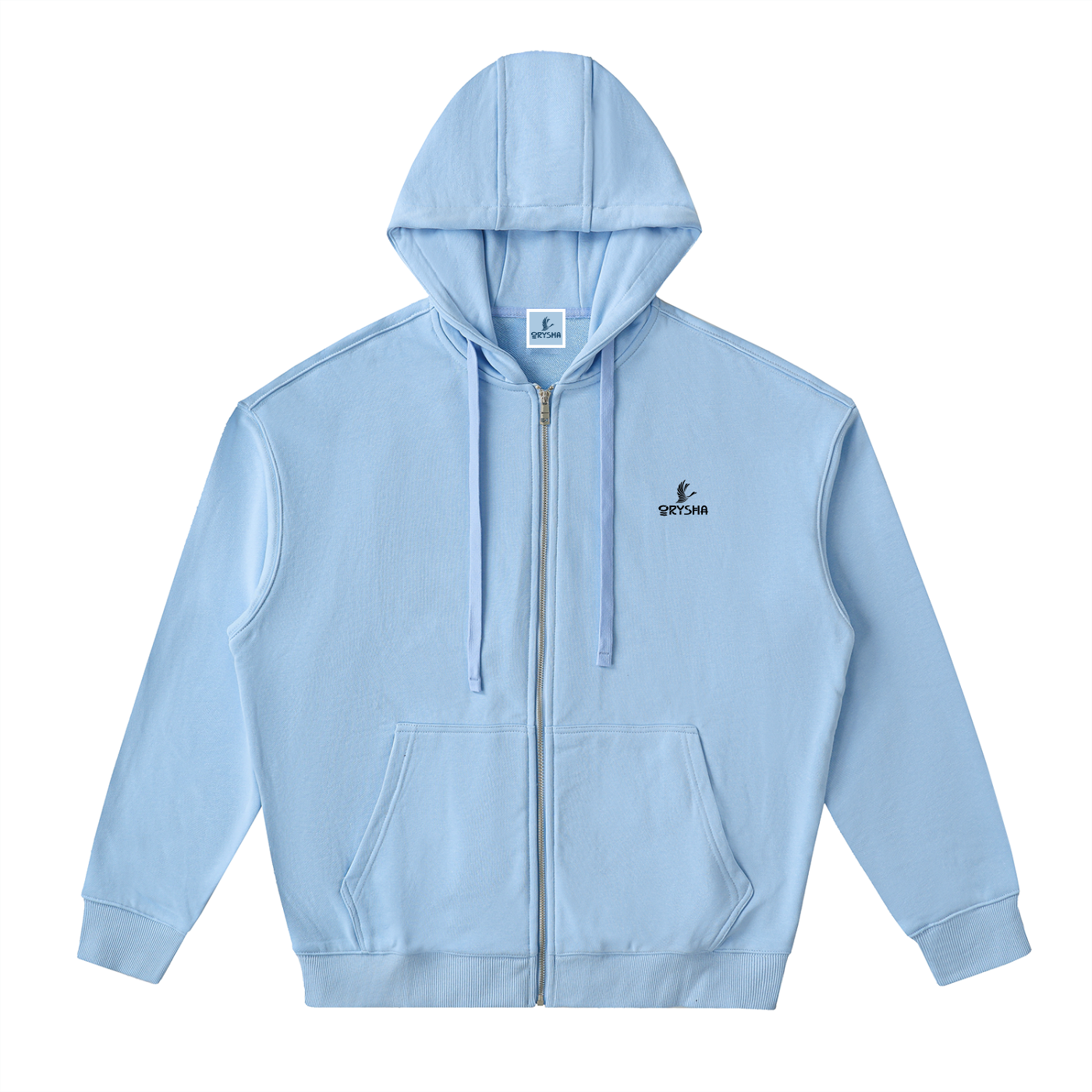 Light blue hoodie with a brand logo on a white background