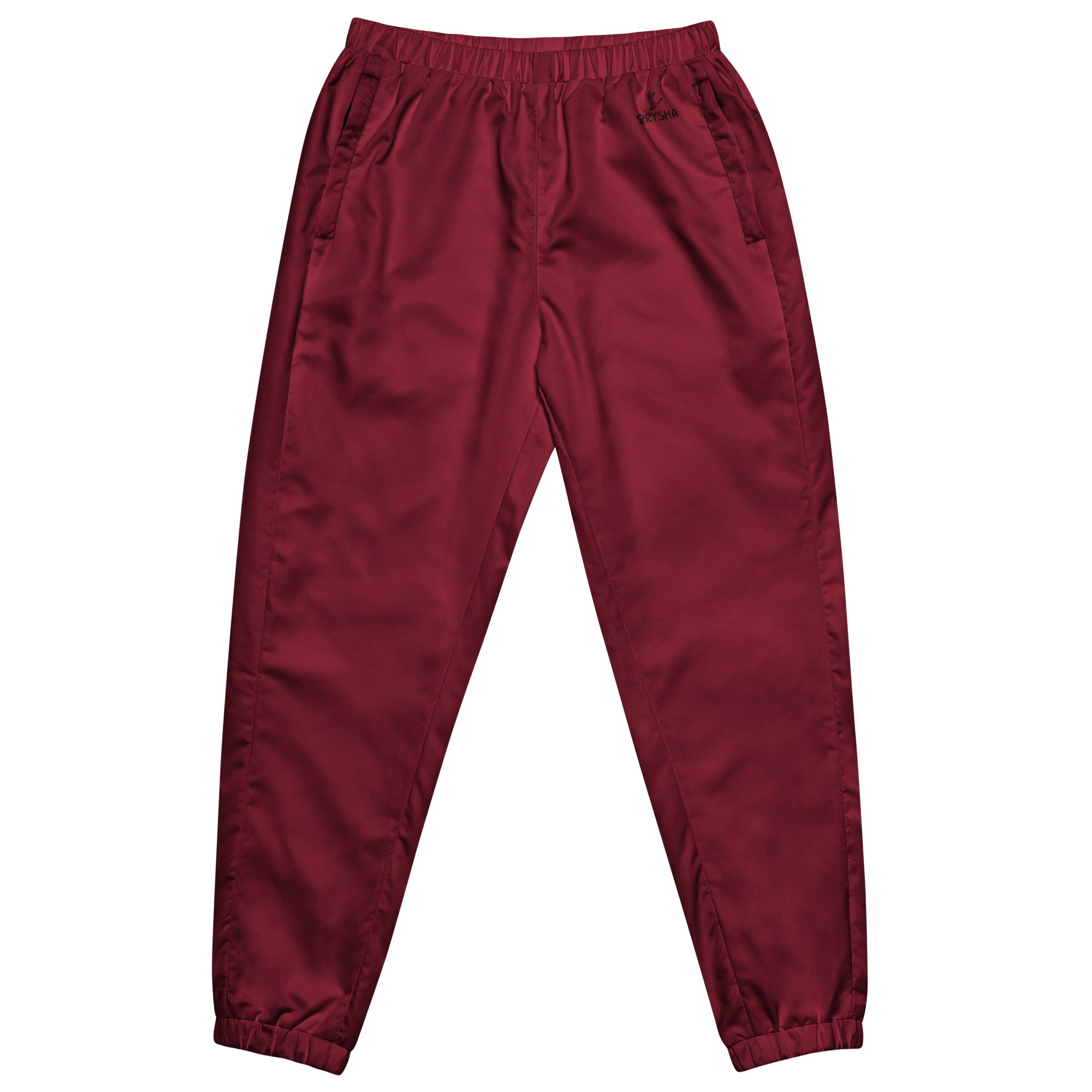 Unisex burgundy water-resistant track pants with relaxed fit and mesh lining