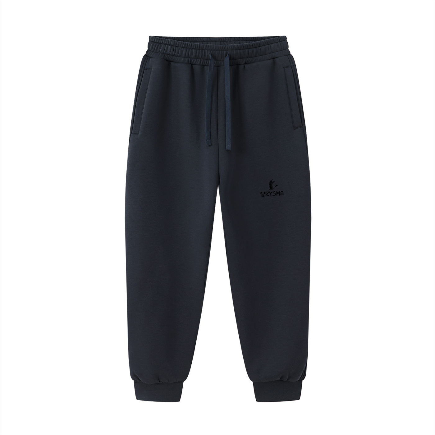 Black jogger pants on a white background