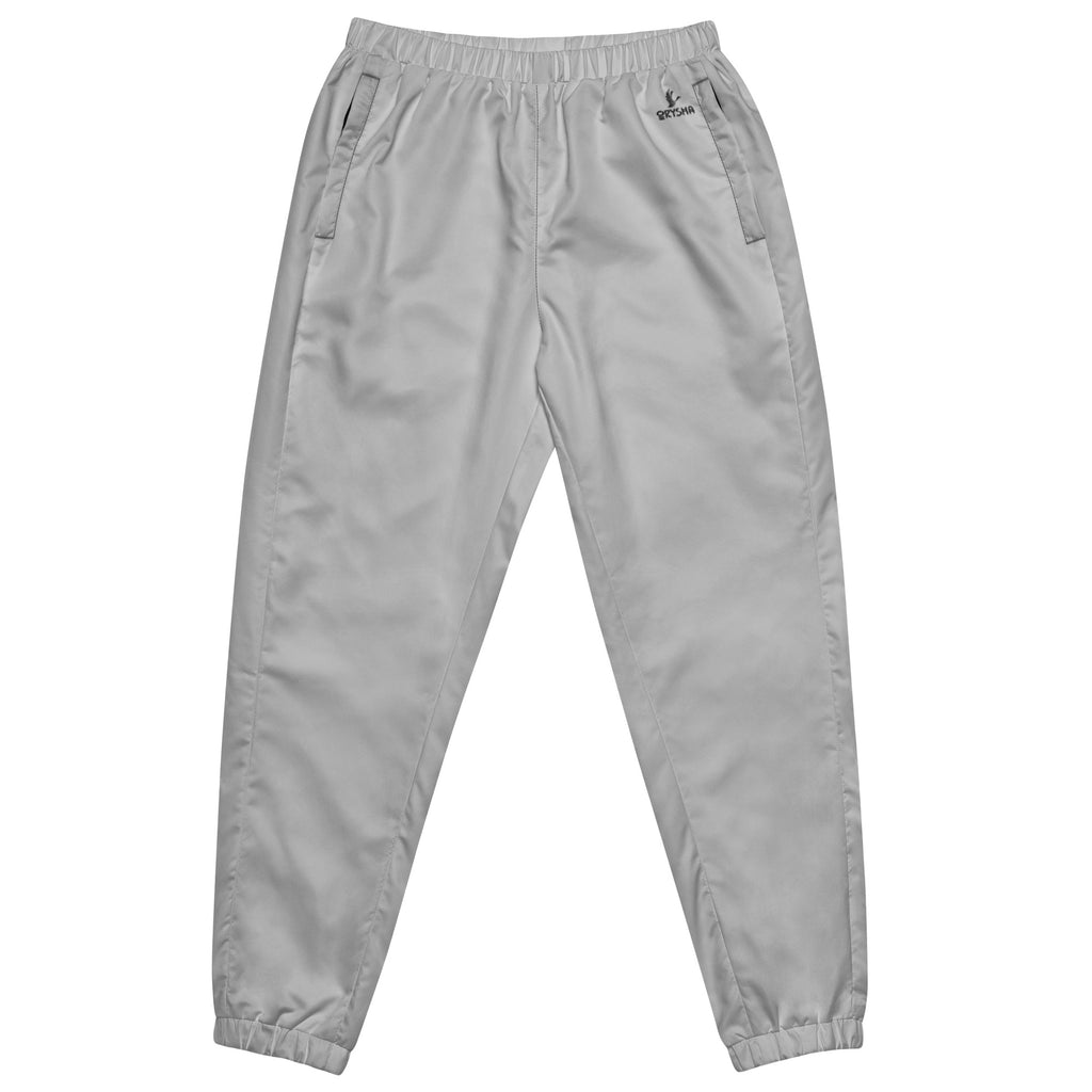 Orysha Gray Essential Track Pants with lightweight water-resistant fabric, breathable mesh lining, elastic cuffs, and zippered pockets.
