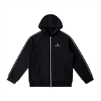 Black hoodie with white stripes on sleeves and logo on chest against a white background