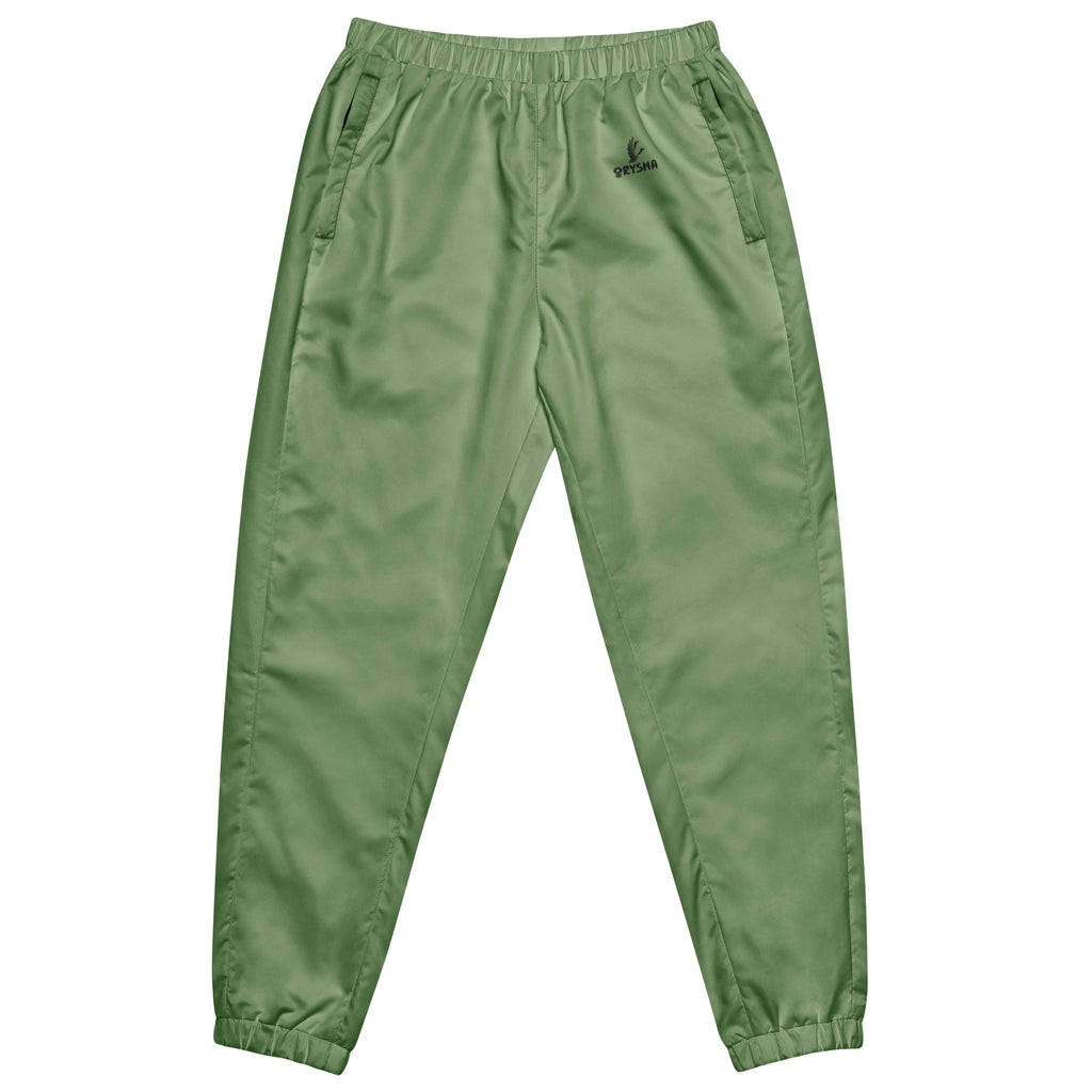 unisex sage green water-resistant track pants with relaxed fit and mesh lining
