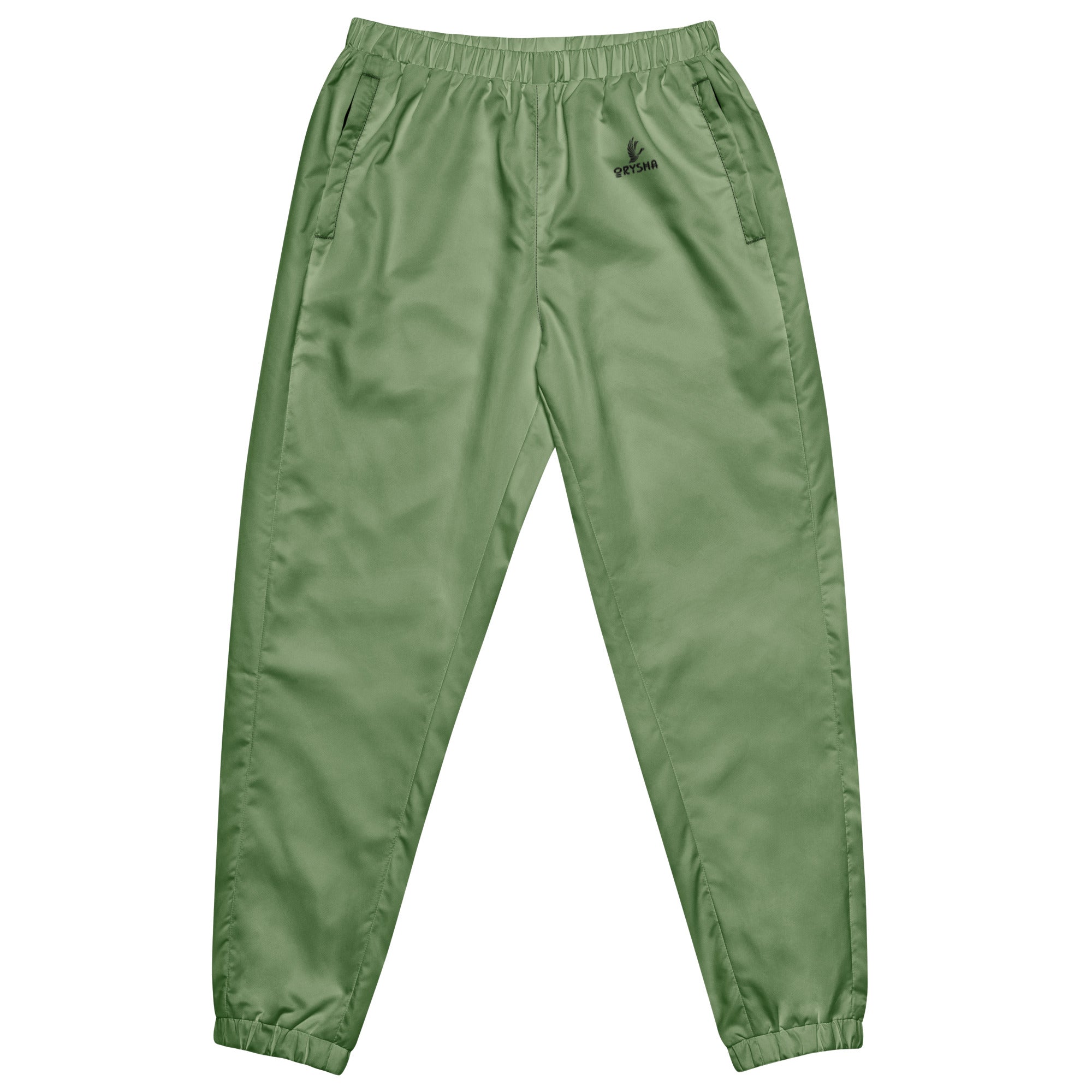 unisex sage green water-resistant track pants with relaxed fit and mesh lining