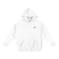White hoodie with a brand logo on a white background
