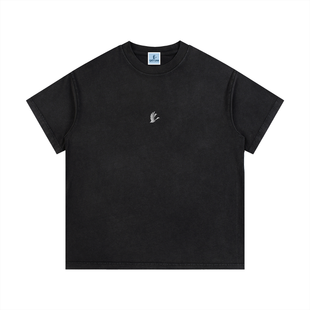 Black t-shirt with a small logo on a white background