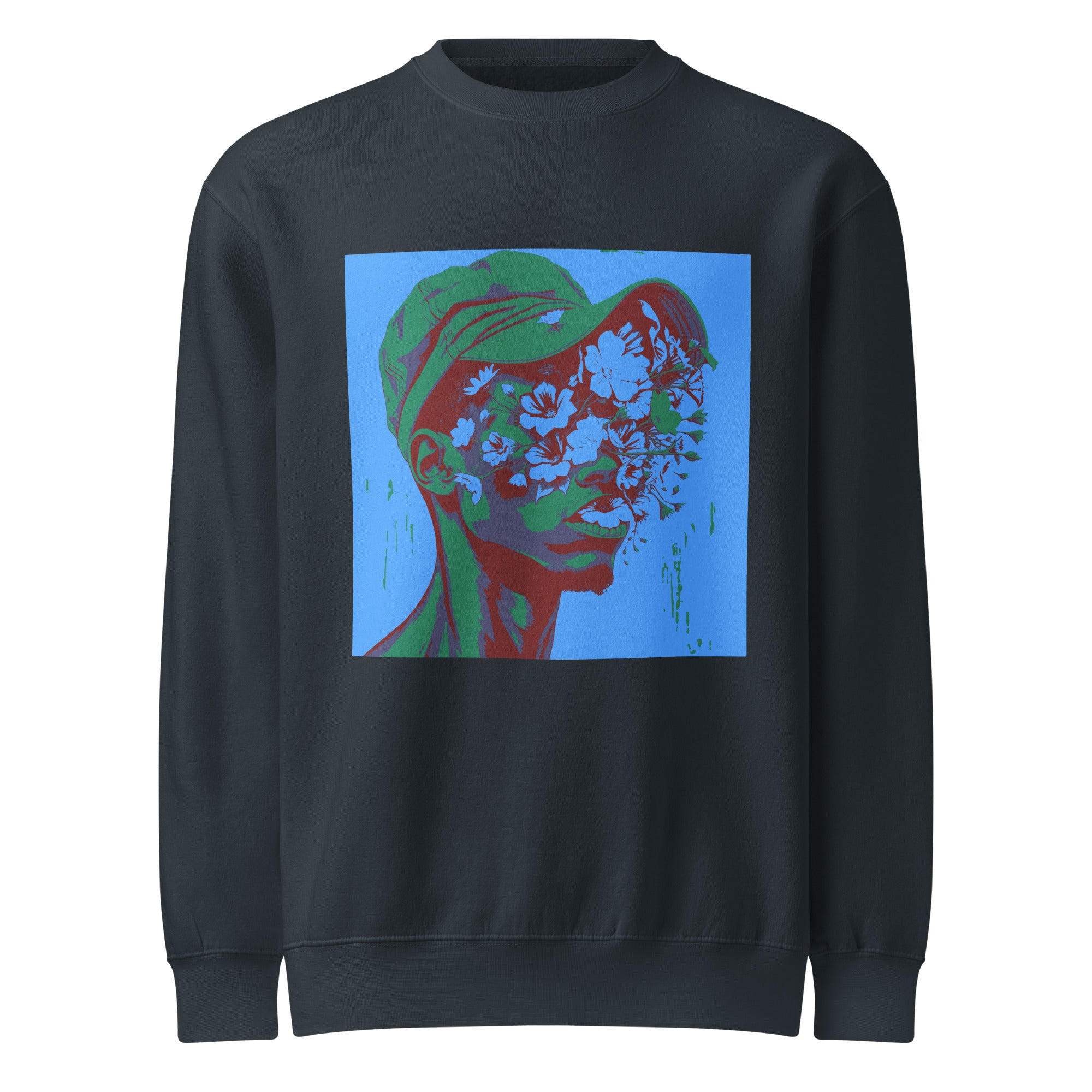Orysha “Floral Mind” embroidered fleece crewneck sweatshirt with abstract face and floral head design.