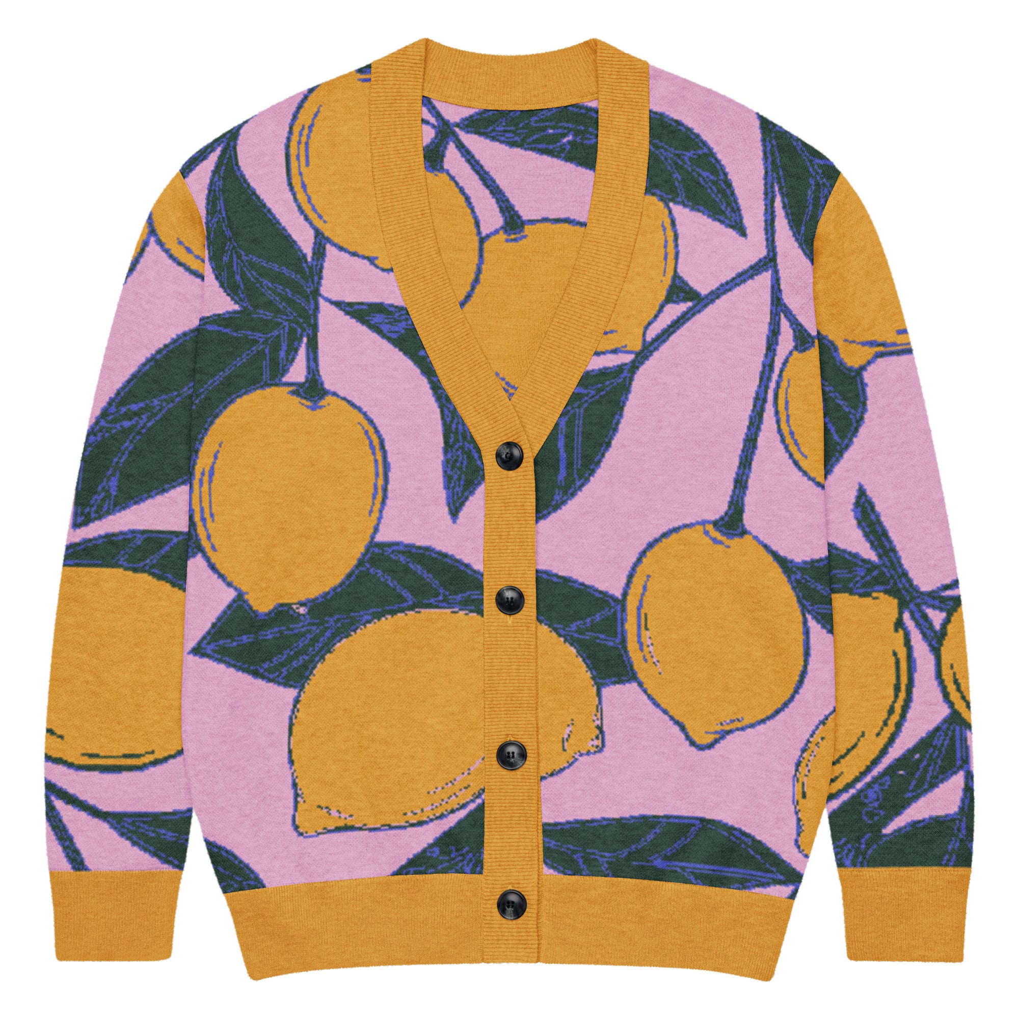 Golden Citrus knit cardigan with citrus jacquard pattern and relaxed lightweight fit