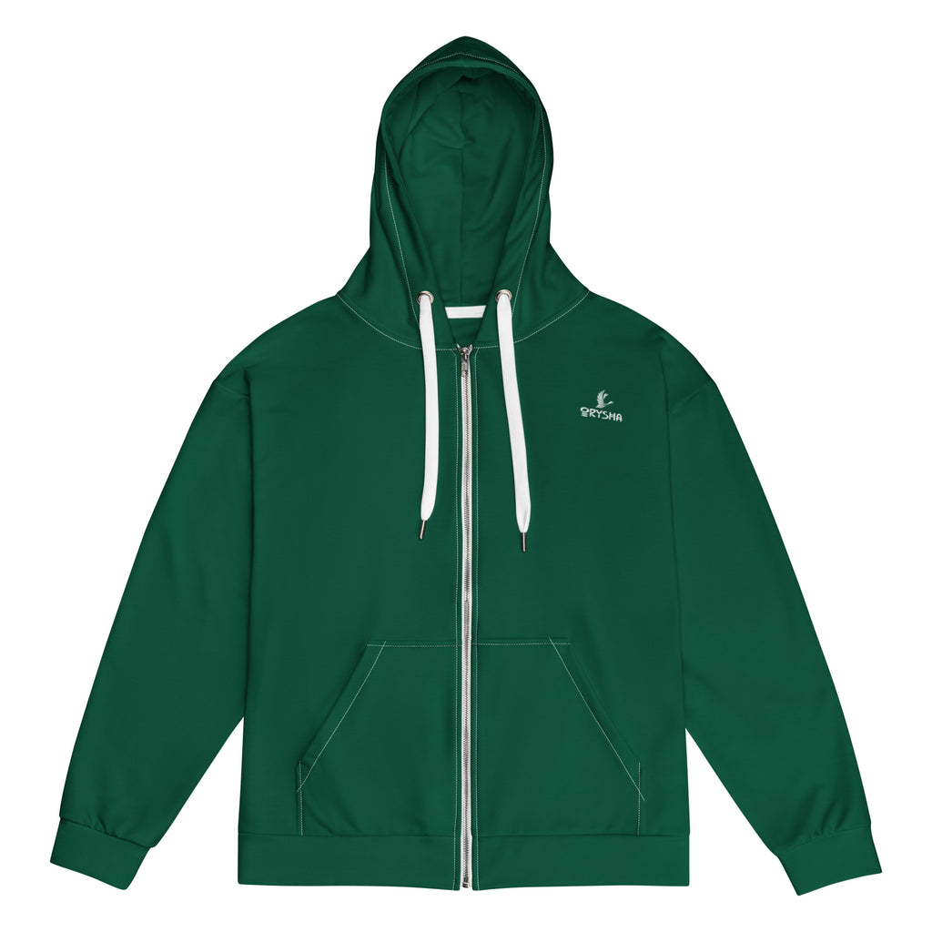 Orysha green zip hoodie with white drawstrings and printed logo on chest.