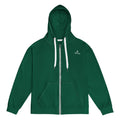 Orysha green zip hoodie with white drawstrings and printed logo on chest.