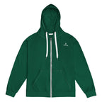 Orysha green zip hoodie with white drawstrings and printed logo on chest.